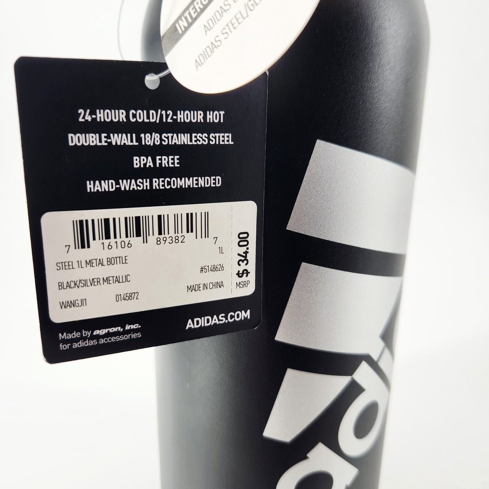 Adidas Stainless Steel 1L Metal Water‎ Bottle Black Silver New Tagged - Picture 2 of 4
